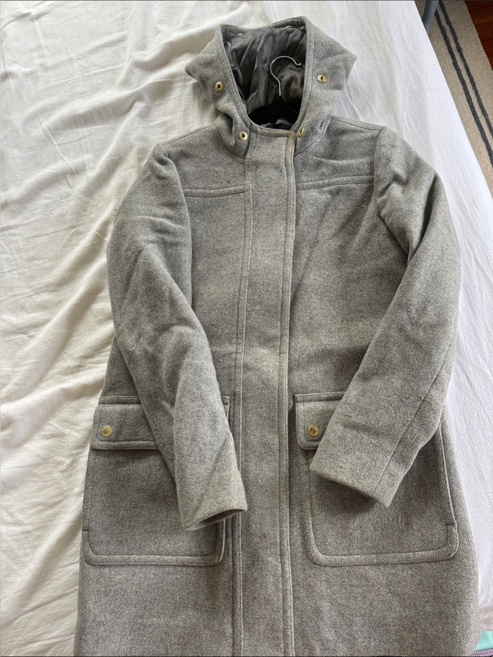 J. Crew Light Gray Hooded Wool-Blend Trench Coat